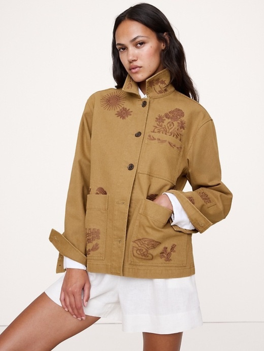 Banana Republic embroidered cotton canvas chore coat in whiskey brown